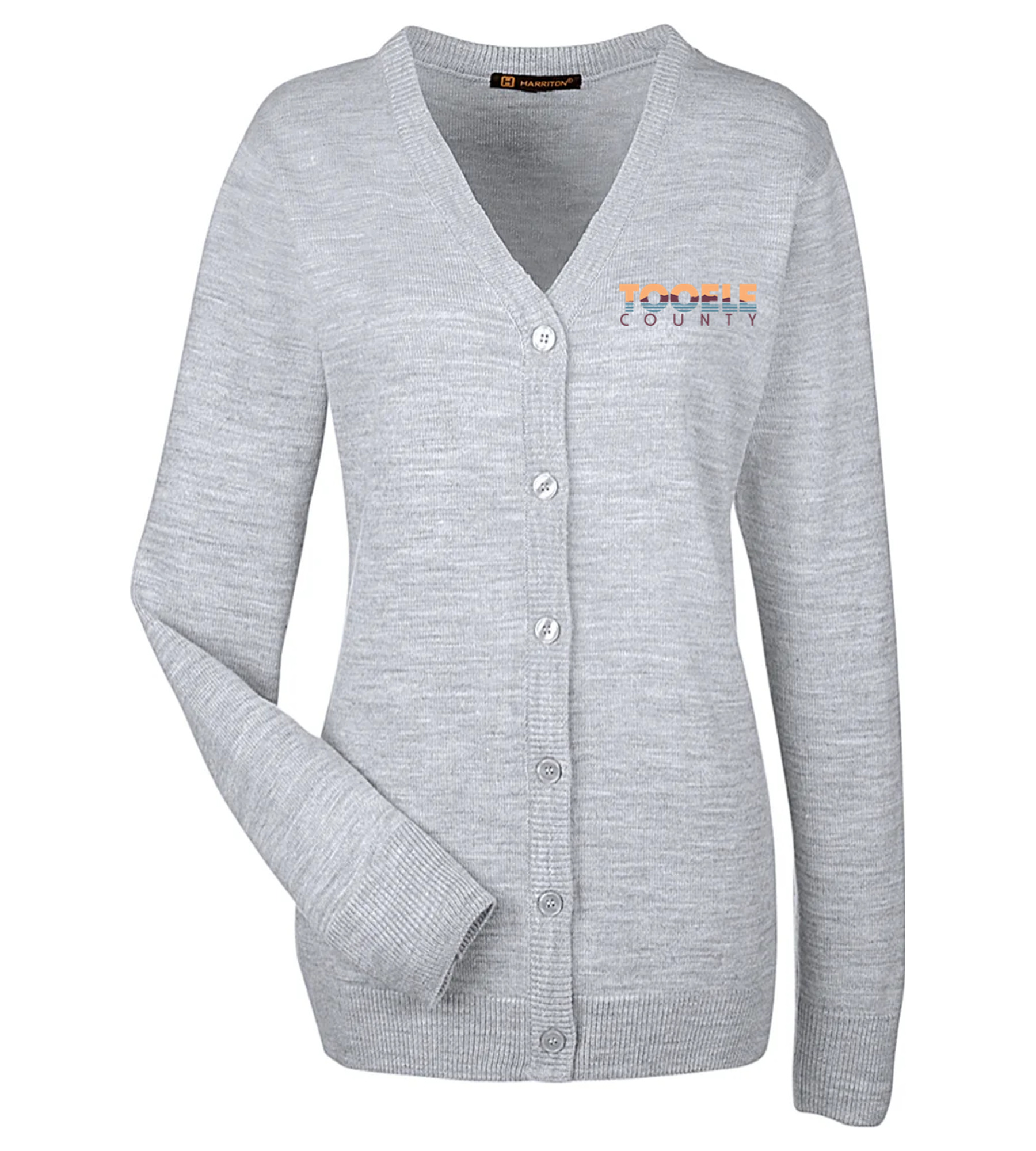 Harriton Ladies Pilbloc V-Neck Button Cardigan Sweater Grey Heather with Tooele County